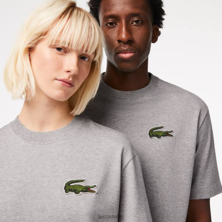 унисекс Lacoste сив chine широка тениска от органичен памук с крокодилска кройка облекло XTV6274
