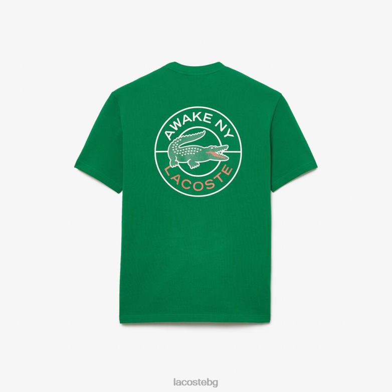 унисекс Lacoste x AWAKE зелено памучна тениска с лого на ny облекло XTV62892