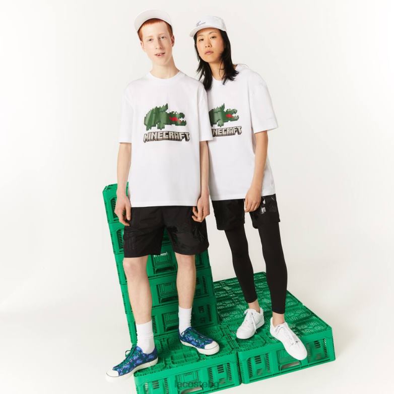 унисекс Lacoste x Minecraft бяло тениска с принт от органичен памук облекло XTV62880