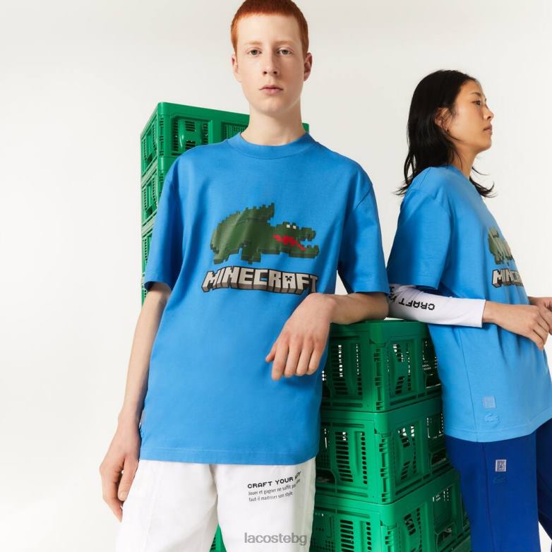 унисекс Lacoste x Minecraft син тениска с принт от органичен памук облекло XTV62881