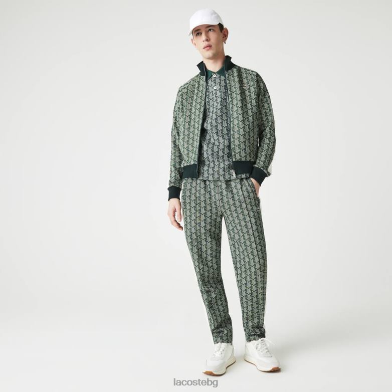 унисекс Lacoste зелено/бежово жакардово яке с цип с живи монограми облекло XTV621188