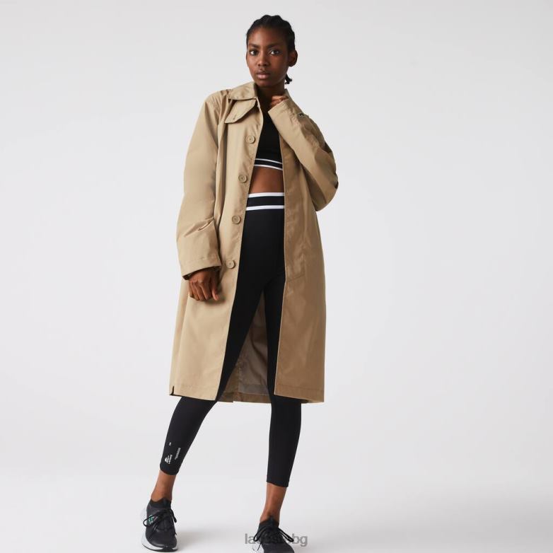 унисекс Lacoste бежово дълга лека водоустойчива парка с копчета облекло XTV621286